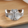 Gothic punk style silver bat open ring with detailed relief textures on wood - Adjustable Open / Platinum Color - Full Bat Style (K01)
