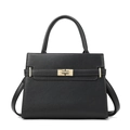 Sac à main noir élégant avec texture litchi, détails dorés et bandoulière assortie - Sac à poignée supérieure / Noir