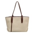 Bolso tote tejido beige con asas de cuero marrón e interior espacioso diseño moderno - Blanco Roto