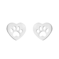 Close-up of hollow heart-shaped stud earrings with cute animal paw print cutout details - Steel