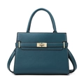 Sac à main trapèze vert paon en cuir grainé avec fermoir rotatif en métal doré - Sac à poignée supérieure / Bleu