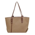 Bolso tote trenzado caqui oscuro con asas largas de cuero marrón y diseño espacioso - Caqui