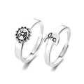 Conjunto de anillos ajustables de sol y luna en plata vintage para parejas con detalles - Anillos de pareja de sol y luna / Abierto Ajustable / Plateado