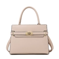 Sac à main élégant en cuir beige grainé avec boucle dorée et bandoulière pour femme - Sac à poignée supérieure / Kaki