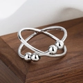 Polished silver double-layered rotatable anxiety ring with beads on walnut wood base - Adjustable Open / Cross Beads Style (Silver)