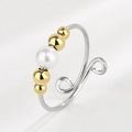 Adjustable beaded fidget ring with white pearl and gold beads on spiral silver band - Adjustable Open / Platinum & Gold Two-Tone