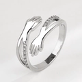 Romantic silver embrace couple ring with sparkling rhinestones and open band design - Hugging Hands with Diamonds (KL004) / White Gold (Hug Style with Rhinestones)