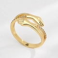 Minimalist gold hugging hands ring with pavé cubic zirconia accents on white background - Hugging Hands with Diamonds (KL-004) / Gold (Hug Style with Rhinestones)