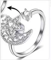 Rotating star and moon open ring with sparkling crystal pave in silver finish - Adjustable Open / Five-Point Star Spinner