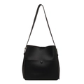 Chic black litchi pattern leather bucket bag with metallic buckle and drawstring detail - Black
