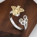 Anello aperto a nido d'ape con ape dorata e diamanti gialli su fascia d'argento - Stile Minimalista Ape e Nido d'Ape (蜂巢(转动)-3)