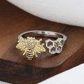 Anello aperto unico con ape dorata e nido d'ape argento con diamanti e gemma gialla - Stile Spinner Ape e Nido d'Ape (蜂巢(转动)-1)