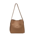 Minimalist brown bucket bag in lychee texture leather with front snap pocket and long strap - Khaki
