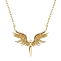 Detailed close-up of golden angel wing pendant with colorful inlaid rhinestones - Gold-Red Yellow Gradient Zirconia