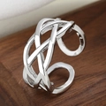 Braided 925 silver plated open ring with adjustable geometric layered woven texture - Multi-layer Twisted Mesh Style (Silver 021)