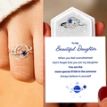 Planet-Ring mit blauem Stern im weißen Samtetui und Geschenkkarte für die Tochter - Einstellbar Offen / Ring + Grußkarten Set