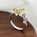 Adjustable honeycomb ring with a gold bee and silver hexagon set with yellow zircon - Bee and Double Stone Honeycomb Style (Rotating Honeycomb - 7)