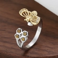 Bee and honeycomb open ring with gold bee and silver cells set with yellow gems - Bee & Hollow Honeycomb Design (Rotating Honeycomb - 8)