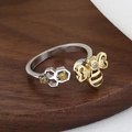 Adjustable honeycomb bee ring with gold and silver dual-tone finish and yellow crystals - Bee and Color-Block Honeycomb Style (Rotating Honeycomb - 9)