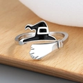 Halloween open ring with black witch hat and silver broomstick in glossy enamel finish - Adjustable Open / Witch Hat and Broom Style (KL-01)