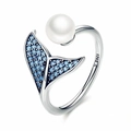 Exquisite S925 silver fishtail ring with large pearl and blue zircon accents - Adjustable Open / White Gold