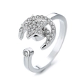 Rotating moon and star ring in silver finish with pavé set zircon crystals - Adjustable Open / Platinum-Star & Moon