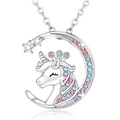 Collana con ciondolo a forma di unicorno e luna crescente colorata con cristalli e catena - Oro Bianco