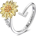 Detail view of sunflower ring with 'You are my sunshine' engraving and letter L charm - Letter L