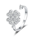 Adjustable four-leaf clover spinner ring in silver finish with pavé zircon crystals - Adjustable Open / Four-Leaf Clover Spinner