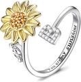 Adjustable sunflower and letter B ring featuring orange gemstones and engraving - Letter B