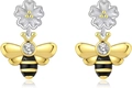 Bienen-Ohrhänger mit matter Silberblume und goldenem Bienenanhänger mit Zirkon - Gold und Silber