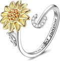 Rotating sunflower ring in silver and gold with You are my sunshine engraving - Letter C