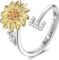 Silver sunflower spinning ring with letter E and You are my sunshine engraving - Letter E