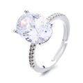 Eleganter verstellbarer Silberring mit klarem Ovalschliff-Kristall und Pavé-Diamantband - Einstellbar Offen / Weiß