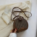 Borsa a tracolla rotonda in pelle marrone e motivo pied-de-poule con dettagli dorati - Caffè Pied de Poule
