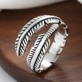 Vintage oxidized silver feather open ring with detailed plume texture for men and women - Adjustable Open / White Gold
