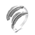 Anillo pluma de plata oxidada vintage con diseño abierto ajustable para hombre y mujer - Abierto Ajustable / Estilo de Envoltura de Doble Pluma (KL-222)
