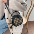 Chic retro checkered round handbag in black and brown with cute rabbit plush charm - Quilted Black With Pendant