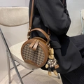 Vintage leopard pattern round crossbody bag with cute rabbit plush charm detail - Houndstooth Coffee With Pendant