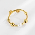Adjustable gold ring with a single white pearl and four gold beads in an open-end design - Adjustable Open / Gold + Gold