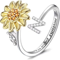 Anello rotante girasole con lettera N e incisione You Are My Sunshine in argento - Lettera N