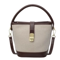 Borsa a secchiello in tela beige con finiture in pelle marrone e chiusura girevole oro - Tela Patchwork Pelle Caffè / Marrone