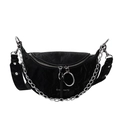 Schwarze sichelförmige Bauchtasche mit Faltenstruktur, Silberkette und Doppelreißverschluss - Schwarz