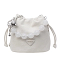Witte bucket bag met trekkoord, handvat van imitatieparels en zilveren metalen ketting - Witte Faux Parel Handvat / Wit