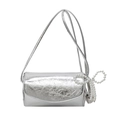 Silver square shoulder bag with metallic cracked texture and pearl bow charm - Silver
