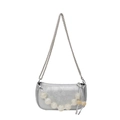 Silver shoulder bag with floral embroidery, metallic chain and white bead strap detail - Silver
