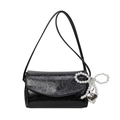 Chic black glossy shoulder bag with white pearl bow charm and silver heart pendant - Black