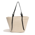 Borsa tote beige in corda di cotone intrecciata con manici in pelle nera e rivetti - Bianco