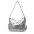 Silver metallic bow tote bag for women with dual zippers and adjustable shoulder strap - Silver