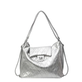 Silver quilted tote bag with diamond stitching and metal twist lock for daily commuting - Silver